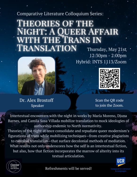 Flyer for Theories of the Night: A Queer Affair with the Trans in Translation